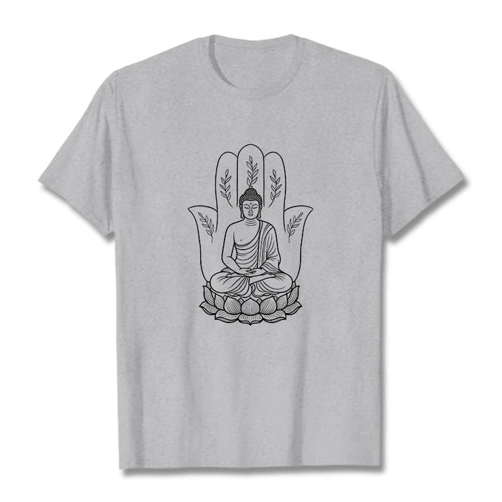 Buddha Stones Medytujący Budda Siedzący Ręka Liście Podstawa Lotosu Koszulka T-shirt - Jasnoszary - 2XL - image 19