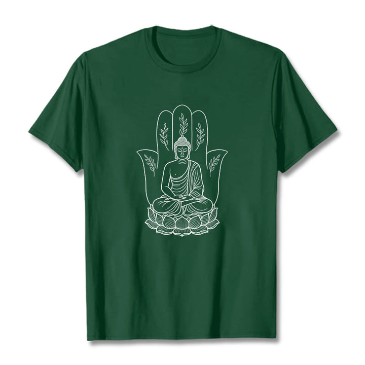 Buddha Stones Medytujący Budda Siedzący Ręka Liście Podstawa Lotosu Koszulka T-shirt - ForestGreen - 2XL - image 11