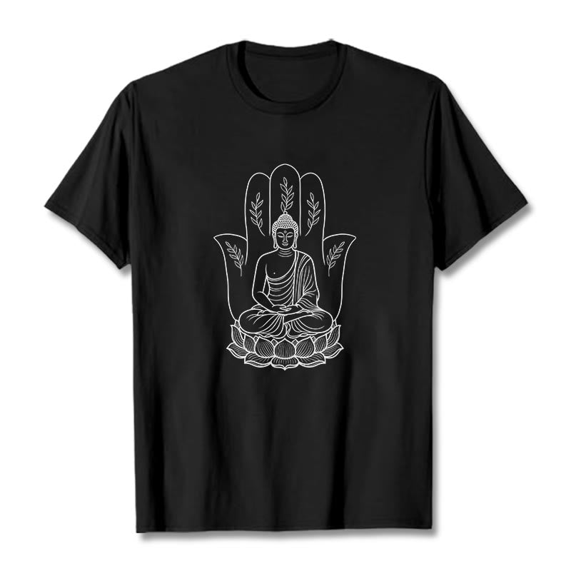 Buddha Stones Medytujący Budda Siedzący Ręka Liście Podstawa Lotosu Koszulka T-shirt - Czarny - 2XL - image 4