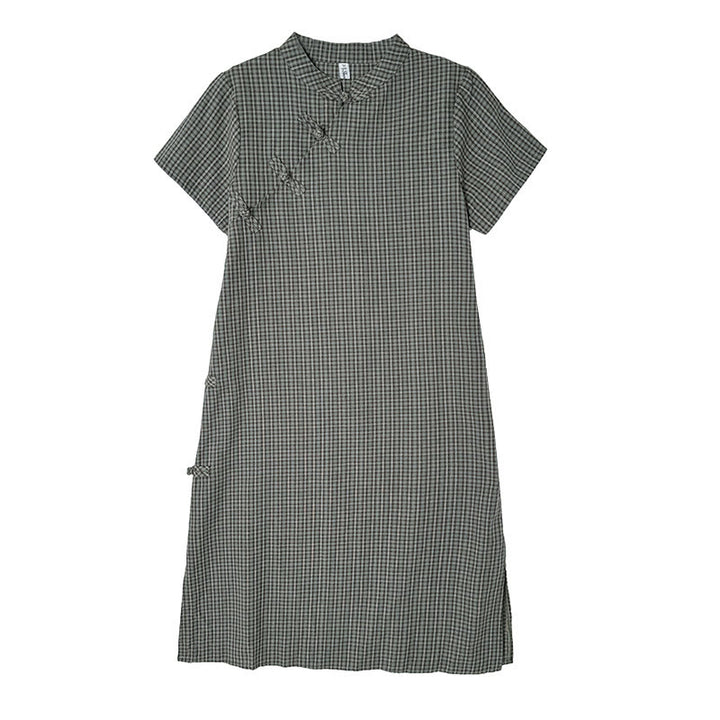 Sukienka midi w kratę z krótkim rękawem i żabim guzikiem z bawełny i lnu w stylu cheongsam z motywem Buddha Stones - image 14