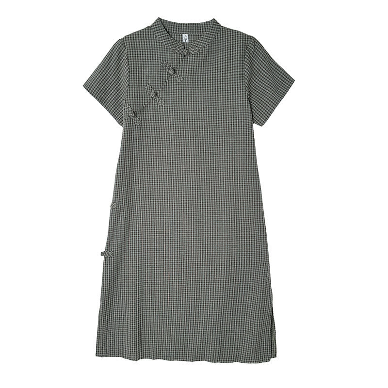 Sukienka midi w kratę z krótkim rękawem i żabim guzikiem z bawełny i lnu w stylu cheongsam z motywem Buddha Stones - image 14