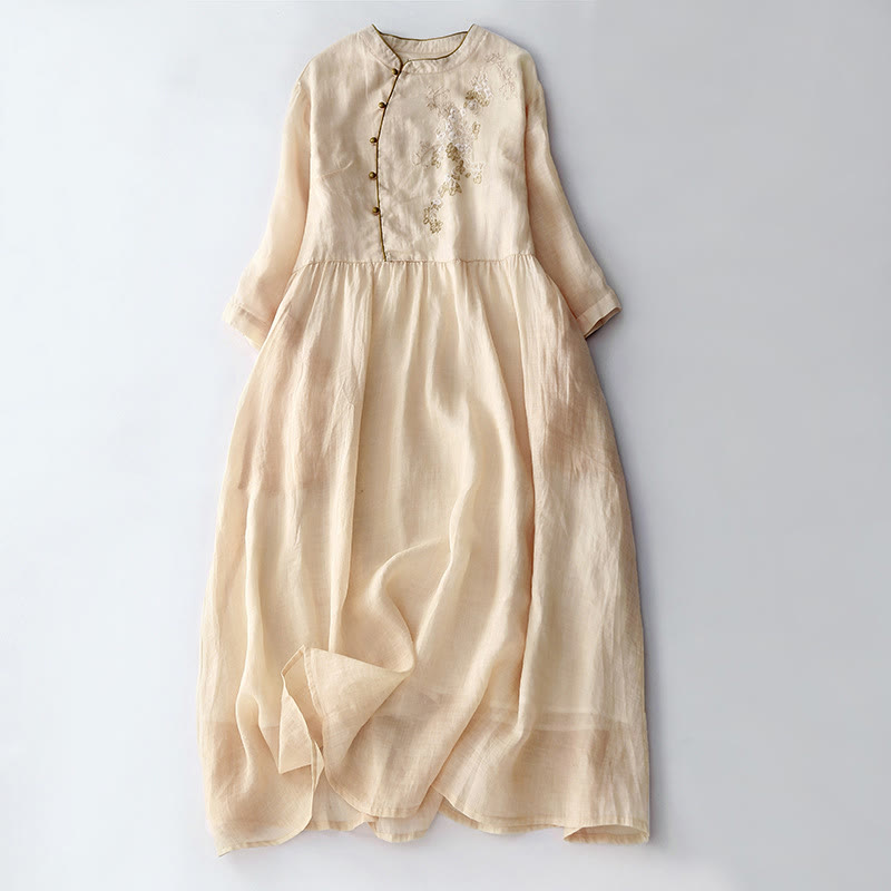 Sukienka midi z długim rękawem z bawełny i lnu z haftowanymi Buddha Stones , kieszeniami i guzikami - Cytrynowe Szyfony - US8-10，UK/AU12-14，EU40-42 (2XL) - image 0