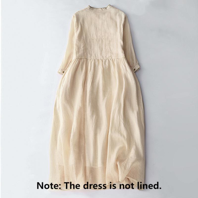 Sukienka midi z długim rękawem z bawełny i lnu z haftowanymi Buddha Stones , kieszeniami i guzikami - image 1