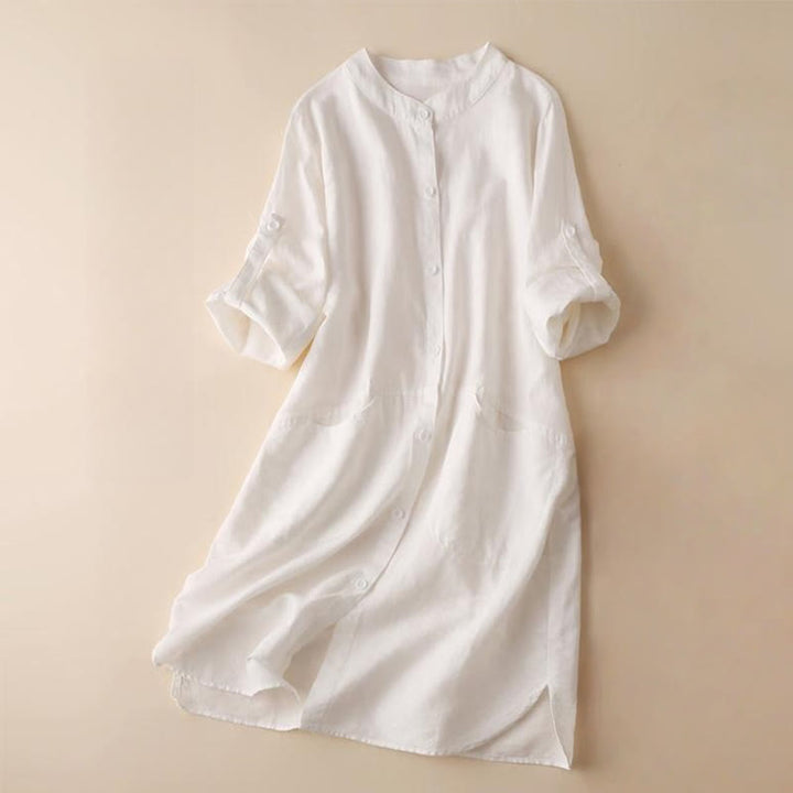 Sukienka midi z bawełny lnianej z kieszeniami, z długim rękawem i stójką, z guzikami i Buddha Stones - FloralWhite - US12, UK/AU16, EU44 (2XL) - image 10
