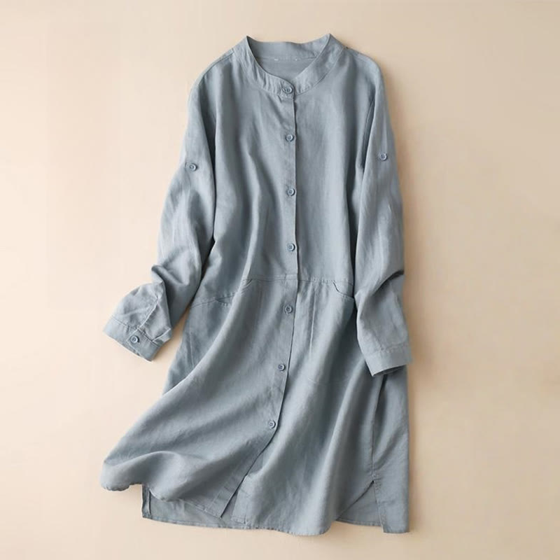 Sukienka midi z bawełny lnianej z kieszeniami, z długim rękawem i stójką, z guzikami i Buddha Stones - LightSteelBlue - US12, UK/AU16, EU44 (2XL) - image 1