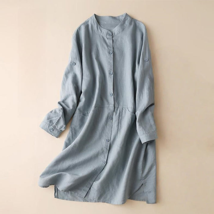 Sukienka midi z bawełny lnianej z kieszeniami, z długim rękawem i stójką, z guzikami i Buddha Stones - LightSteelBlue - US12, UK/AU16, EU44 (2XL) - image 1