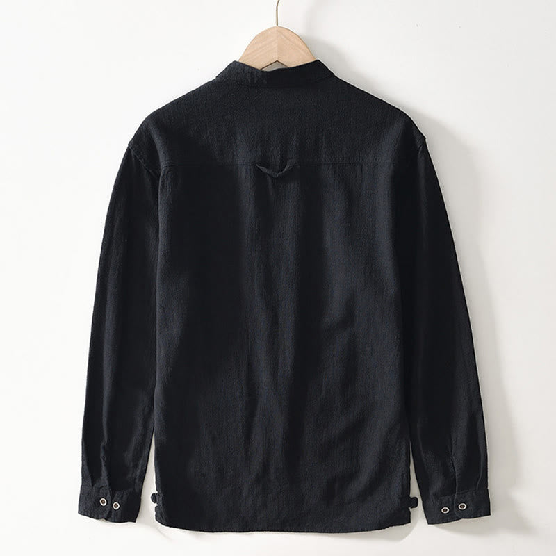 Koszula męska z długim rękawem, bawełną i lnem, z kieszeniami i guzikami w jednolitym kolorze z Buddha Stones - image 8