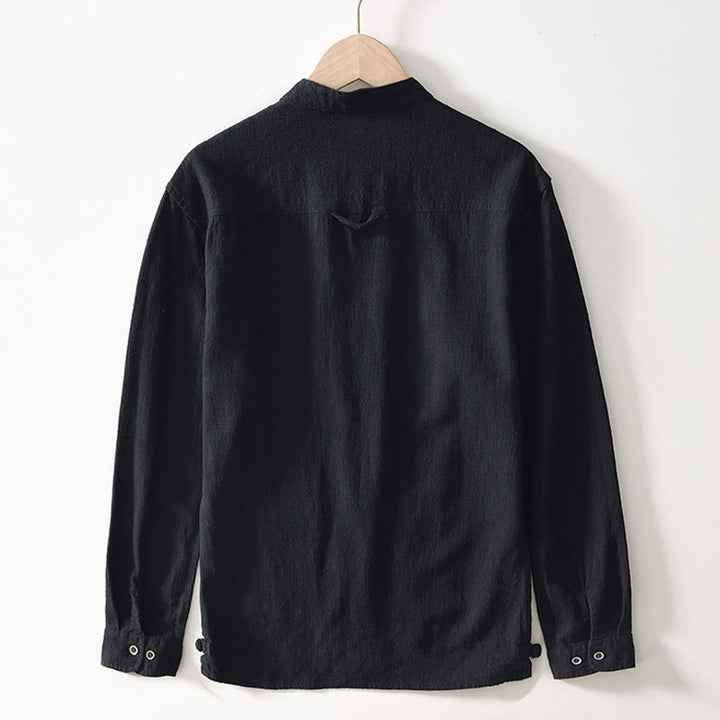 Koszula męska z długim rękawem, bawełną i lnem, z kieszeniami i guzikami w jednolitym kolorze z Buddha Stones - image 8