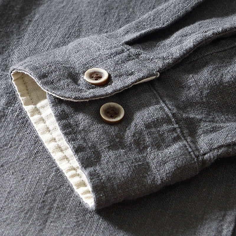 Koszula męska z długim rękawem, bawełną i lnem, z kieszeniami i guzikami w jednolitym kolorze z Buddha Stones - image 20