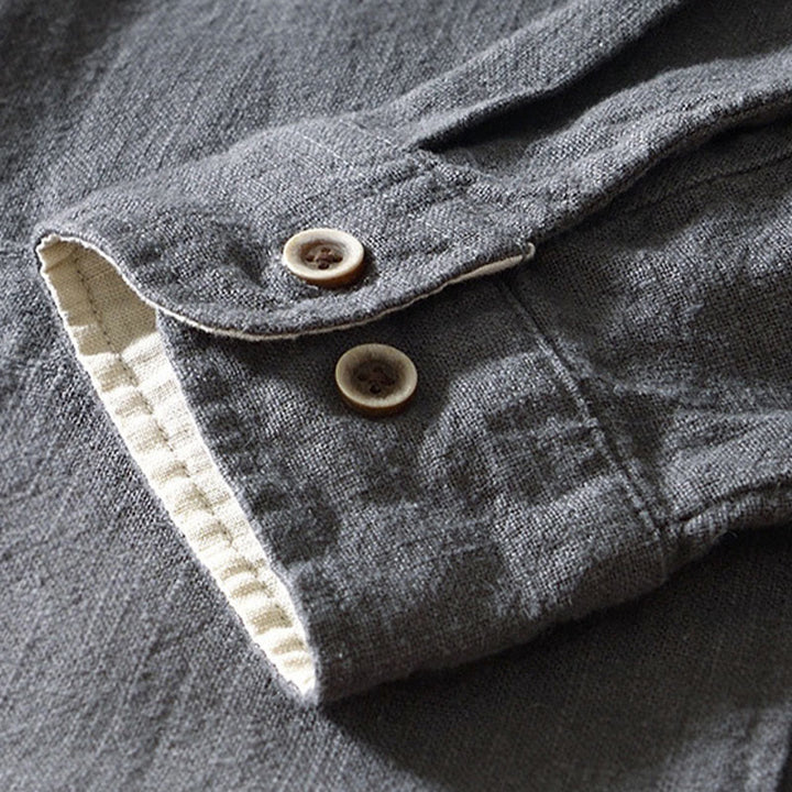 Koszula męska z długim rękawem, bawełną i lnem, z kieszeniami i guzikami w jednolitym kolorze z Buddha Stones - image 20