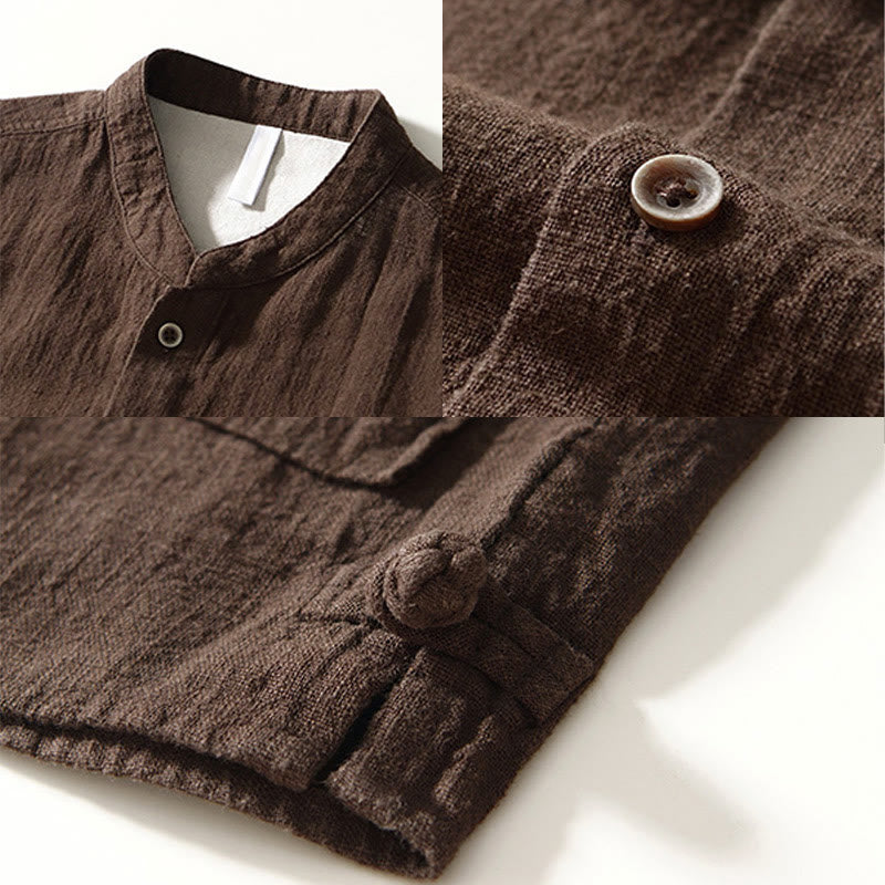 Koszula męska z długim rękawem, bawełną i lnem, z kieszeniami i guzikami w jednolitym kolorze z Buddha Stones - image 6