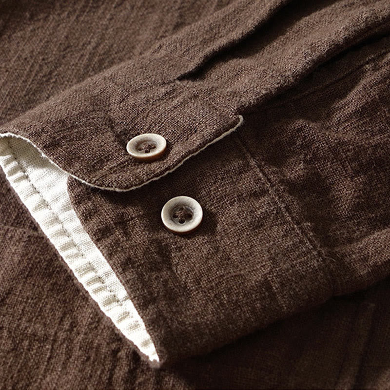 Koszula męska z długim rękawem, bawełną i lnem, z kieszeniami i guzikami w jednolitym kolorze z Buddha Stones - image 3