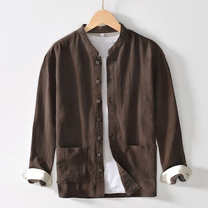 Koszula męska z długim rękawem, bawełną i lnem, z kieszeniami i guzikami w jednolitym kolorze z Buddha Stones - SaddleBrown - US/UK/AU42， EU52 (3XL) - image 0