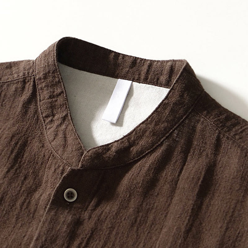 Koszula męska z długim rękawem, bawełną i lnem, z kieszeniami i guzikami w jednolitym kolorze z Buddha Stones - image 1