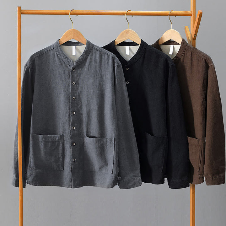 Koszula męska z długim rękawem, bawełną i lnem, z kieszeniami i guzikami w jednolitym kolorze z Buddha Stones - image 24