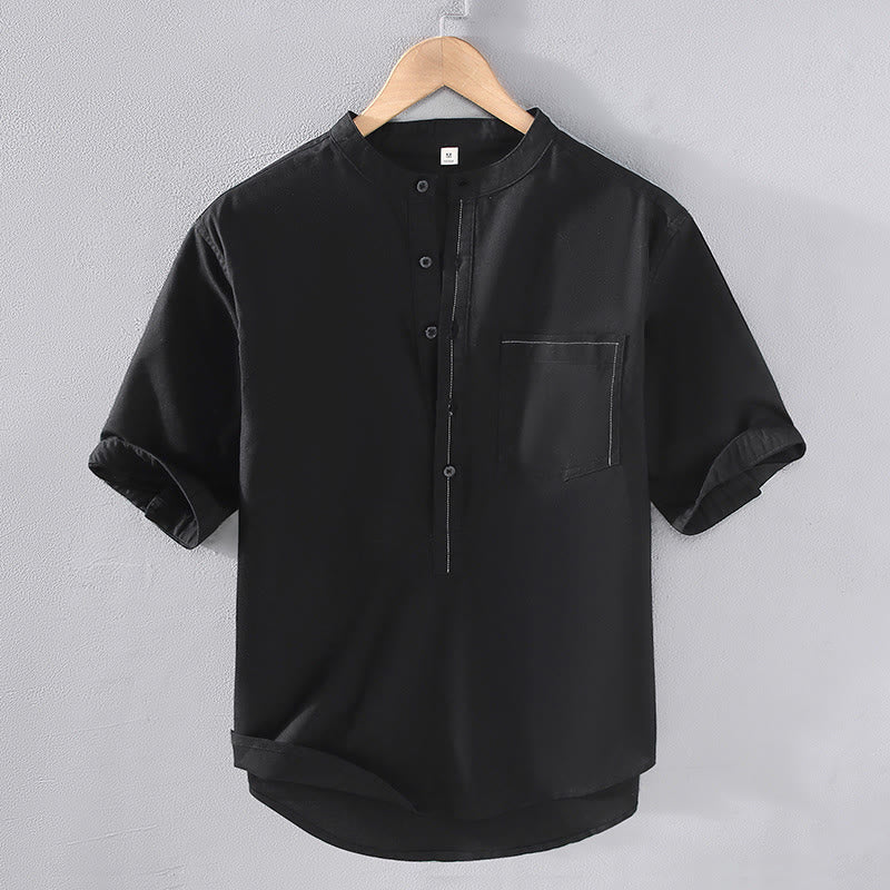 Koszula męska z krótkim rękawem i kieszenią, lniana, z krótkim rękawem i kieszenią, w kolorze Pure Color z Buddha Stones - Czarny - US/UK/AU42， EU52 (3XL) - image 1