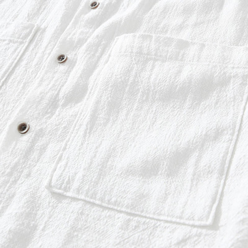 Koszula męska z krótkim rękawem z bawełny i lnu z kieszeniami i swobodnymi guzikami w kształcie Buddha Stones - image 8