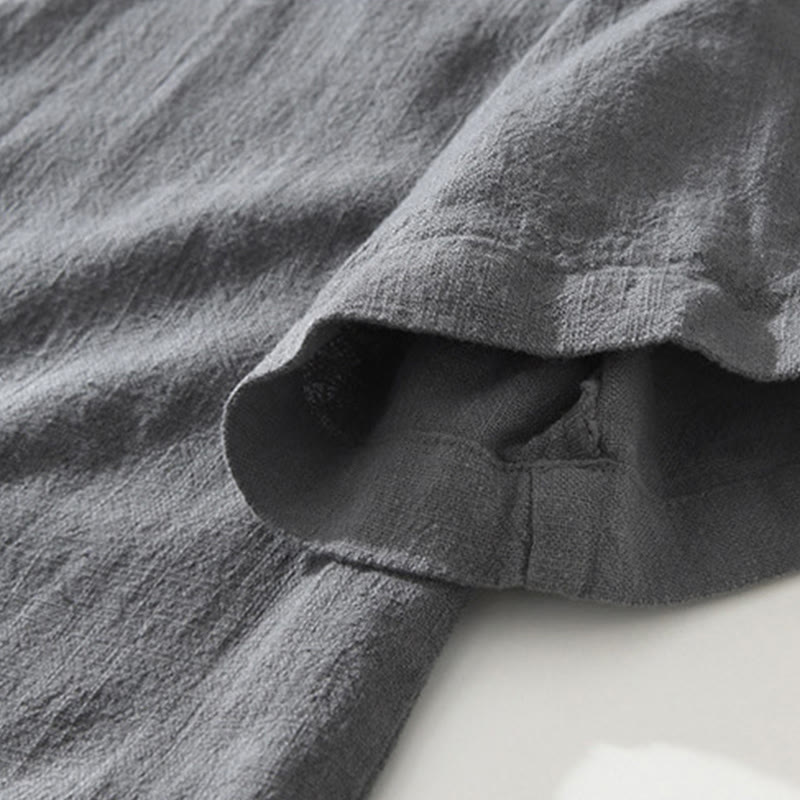 Koszula męska z krótkim rękawem z bawełny i lnu z kieszeniami i swobodnymi guzikami w kształcie Buddha Stones - image 4