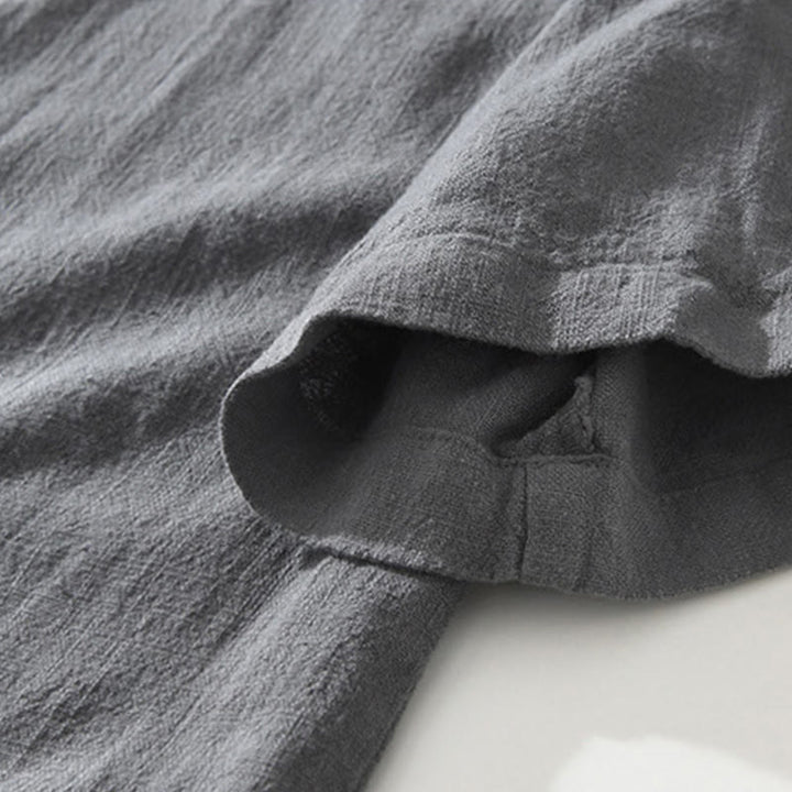 Koszula męska z krótkim rękawem z bawełny i lnu z kieszeniami i swobodnymi guzikami w kształcie Buddha Stones - image 4