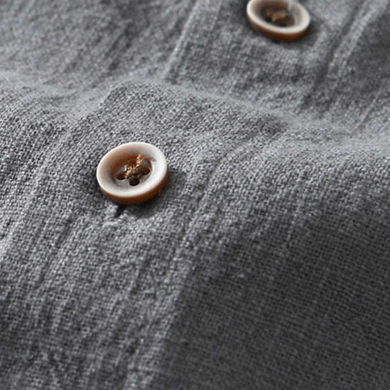 Koszula męska z krótkim rękawem z bawełny i lnu z kieszeniami i swobodnymi guzikami w kształcie Buddha Stones - image 2