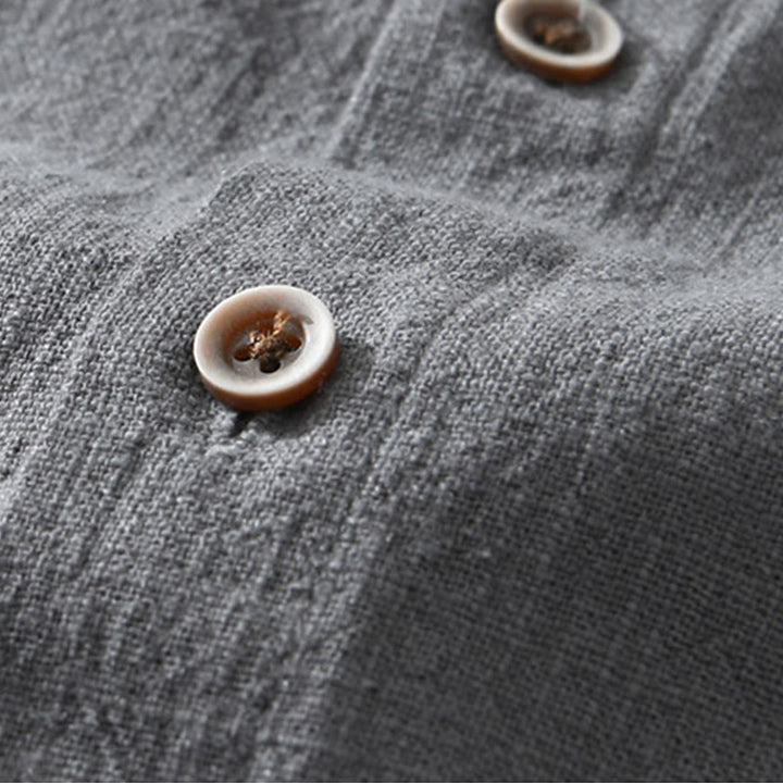 Koszula męska z krótkim rękawem z bawełny i lnu z kieszeniami i swobodnymi guzikami w kształcie Buddha Stones - image 2