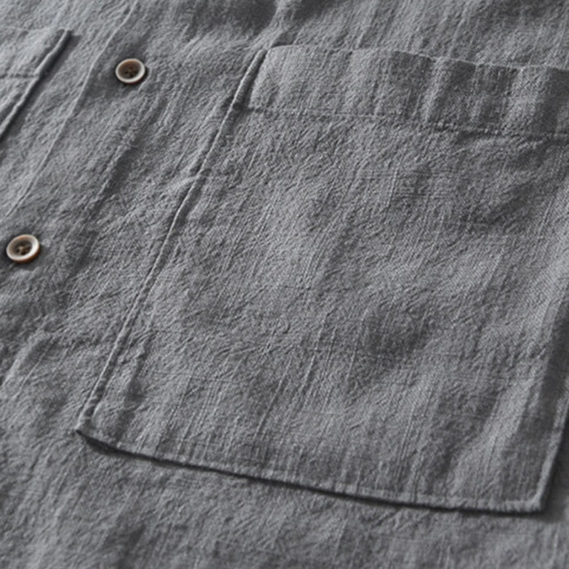 Koszula męska z krótkim rękawem z bawełny i lnu z kieszeniami i swobodnymi guzikami w kształcie Buddha Stones - image 3