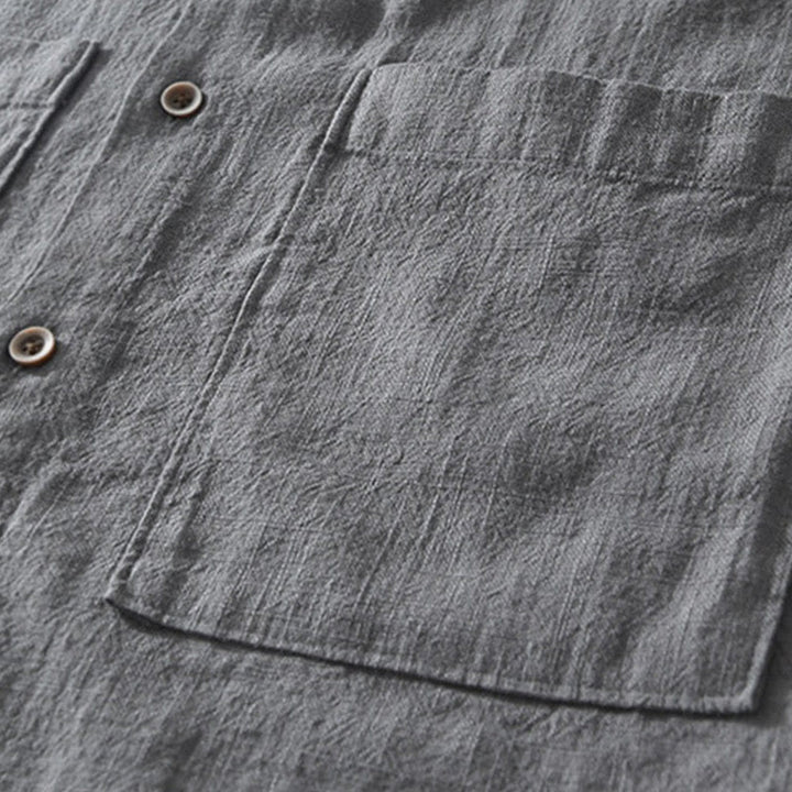 Koszula męska z krótkim rękawem z bawełny i lnu z kieszeniami i swobodnymi guzikami w kształcie Buddha Stones - image 3