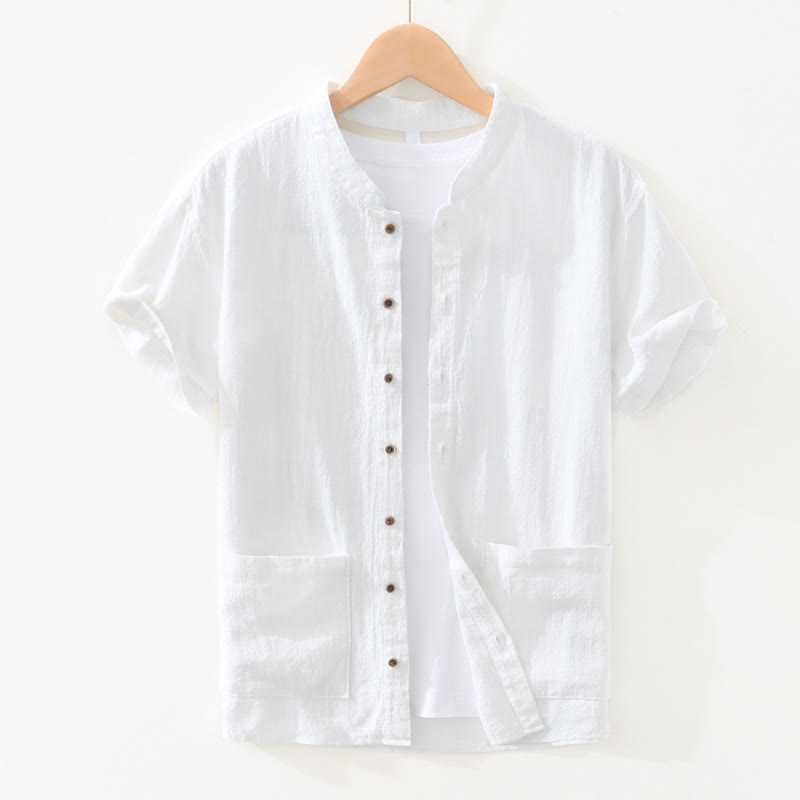 Koszula męska z krótkim rękawem z bawełny i lnu z kieszeniami i swobodnymi guzikami w kształcie Buddha Stones - Biały - US/UK/AU42， EU52 (3XL) - image 7
