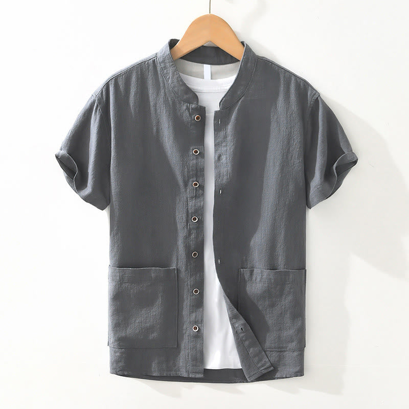 Koszula męska z krótkim rękawem z bawełny i lnu z kieszeniami i swobodnymi guzikami w kształcie Buddha Stones - Łupkowoszary - US/UK/AU42， EU52 (3XL) - image 0