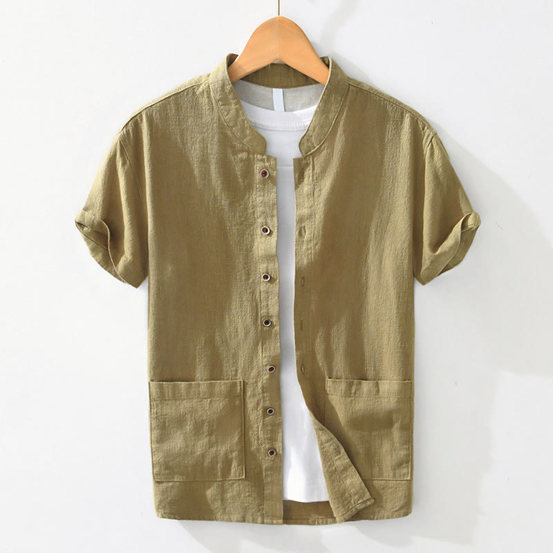 Koszula męska z krótkim rękawem z bawełny i lnu z kieszeniami i swobodnymi guzikami w kształcie Buddha Stones - Żółtozielony - US/UK/AU42， EU52 (3XL) - image 12