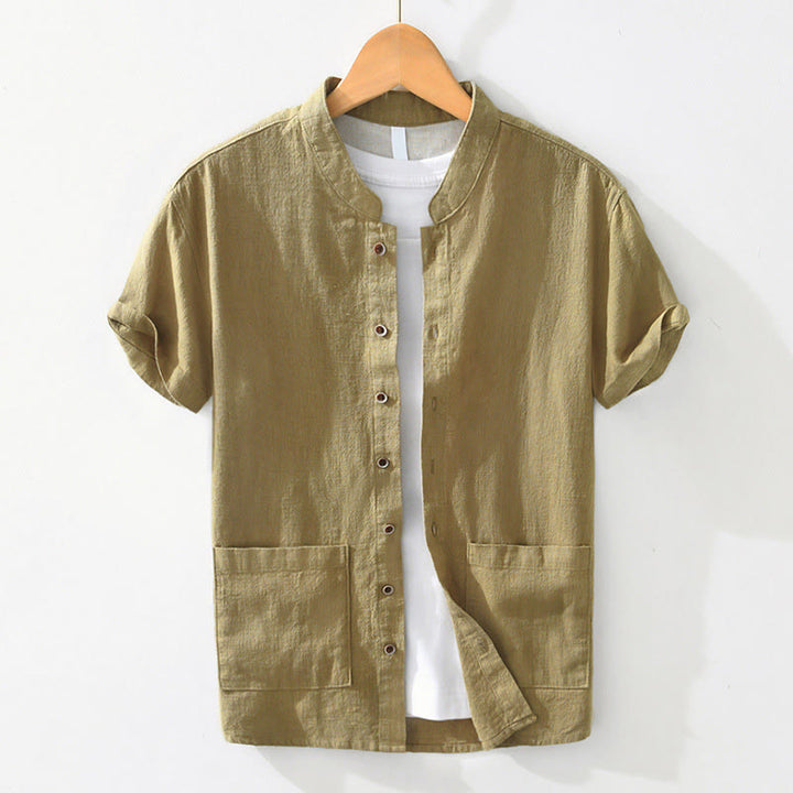 Koszula męska z krótkim rękawem z bawełny i lnu z kieszeniami i swobodnymi guzikami w kształcie Buddha Stones - Żółtozielony - US/UK/AU42， EU52 (3XL) - image 12