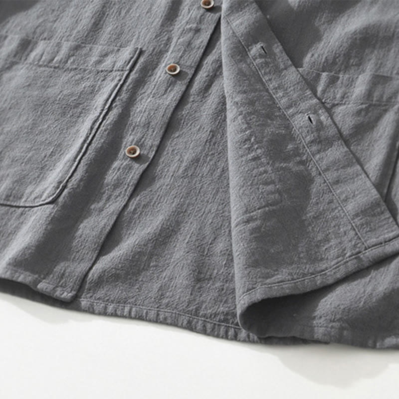 Koszula męska z krótkim rękawem z bawełny i lnu z kieszeniami i swobodnymi guzikami w kształcie Buddha Stones - image 6