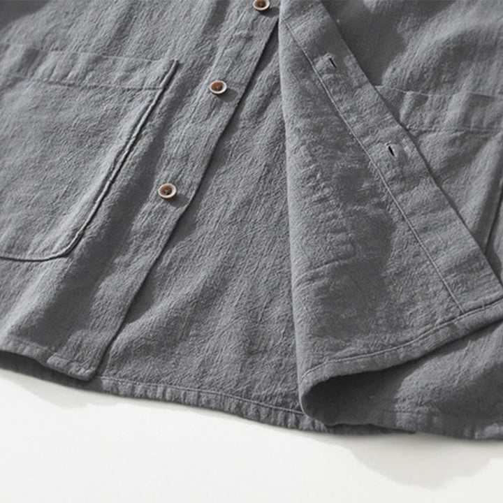 Koszula męska z krótkim rękawem z bawełny i lnu z kieszeniami i swobodnymi guzikami w kształcie Buddha Stones - image 6