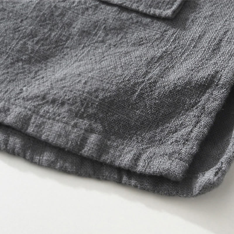 Koszula męska z krótkim rękawem z bawełny i lnu z kieszeniami i swobodnymi guzikami w kształcie Buddha Stones - image 5