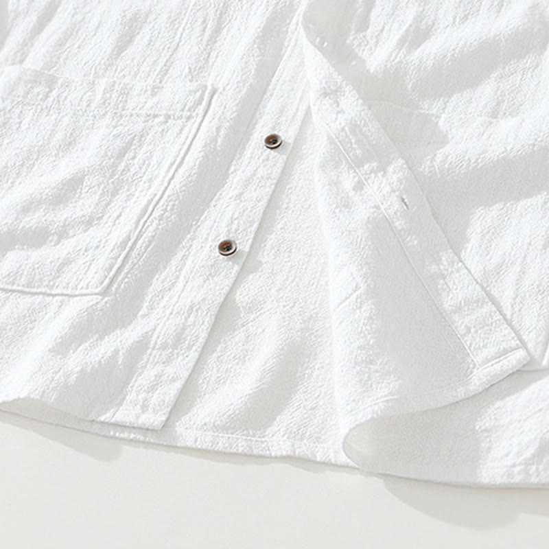 Koszula męska z krótkim rękawem z bawełny i lnu z kieszeniami i swobodnymi guzikami w kształcie Buddha Stones - image 10