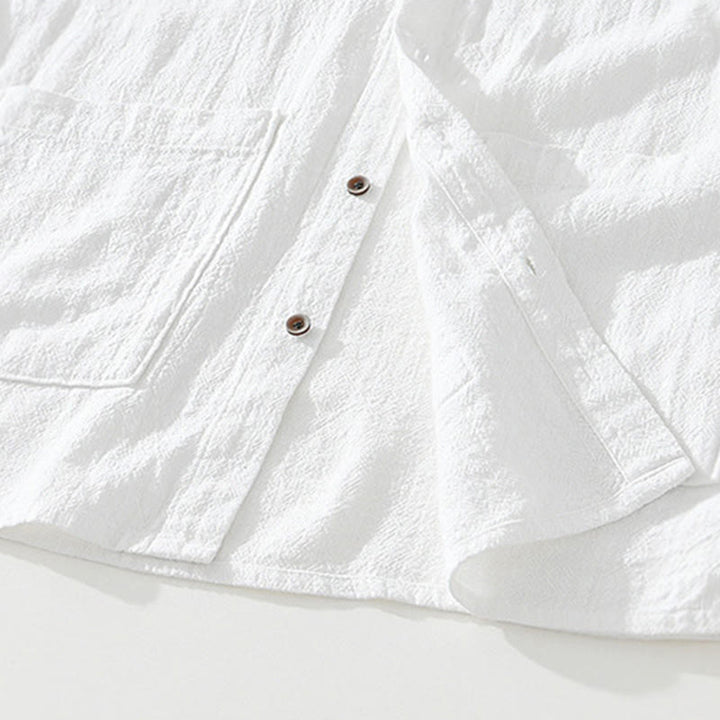 Koszula męska z krótkim rękawem z bawełny i lnu z kieszeniami i swobodnymi guzikami w kształcie Buddha Stones - image 10