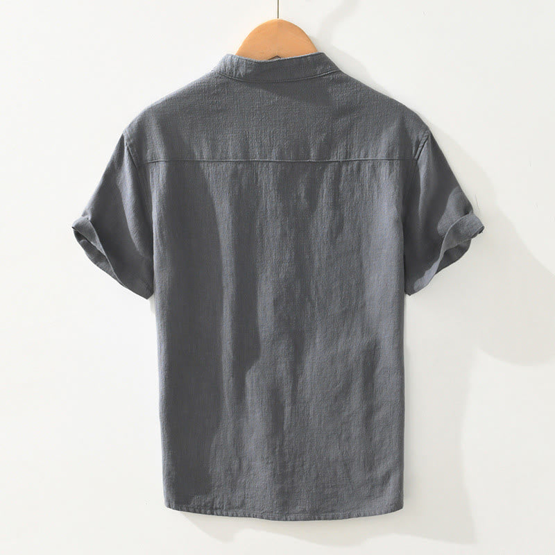 Koszula męska z krótkim rękawem z bawełny i lnu z kieszeniami i swobodnymi guzikami w kształcie Buddha Stones - image 1