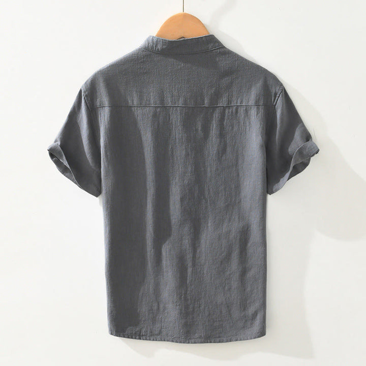 Koszula męska z krótkim rękawem z bawełny i lnu z kieszeniami i swobodnymi guzikami w kształcie Buddha Stones - image 1