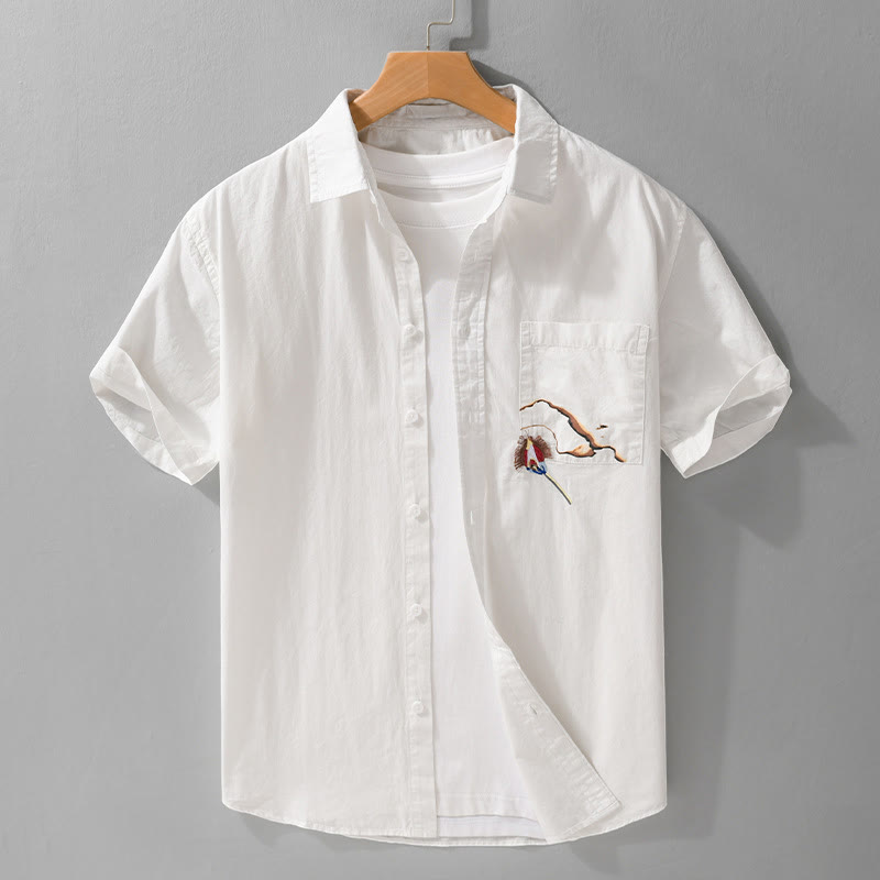 Koszula męska z krótkim rękawem z bawełny z haftem "Buddha Stones " i wzorem płomienia - Biały - US/UK/AU42， EU52 (3XL) - image 1