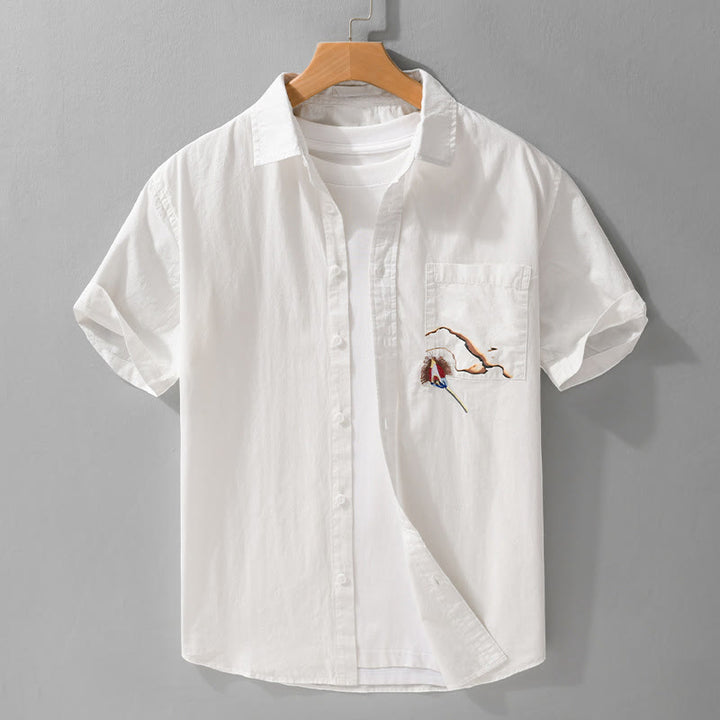 Koszula męska z krótkim rękawem z bawełny z haftem "Buddha Stones " i wzorem płomienia - Biały - US/UK/AU42， EU52 (3XL) - image 1