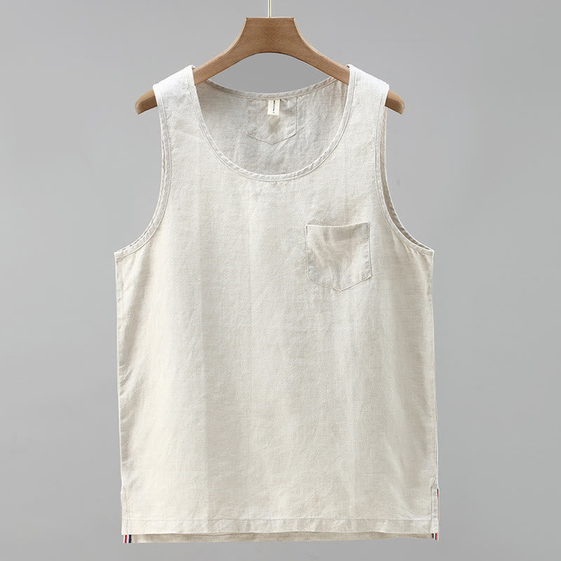 Buddha Stones, letnia, jednokolorowa, męska, lniana kamizelka bez rękawów z rozcięciem z boku - Beżowy - US/UK/AU42， EU52 (3XL) - image 0