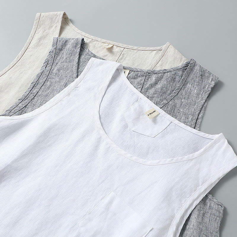 Buddha Stones, letnia, jednokolorowa, męska, lniana kamizelka bez rękawów z rozcięciem z boku - image 12