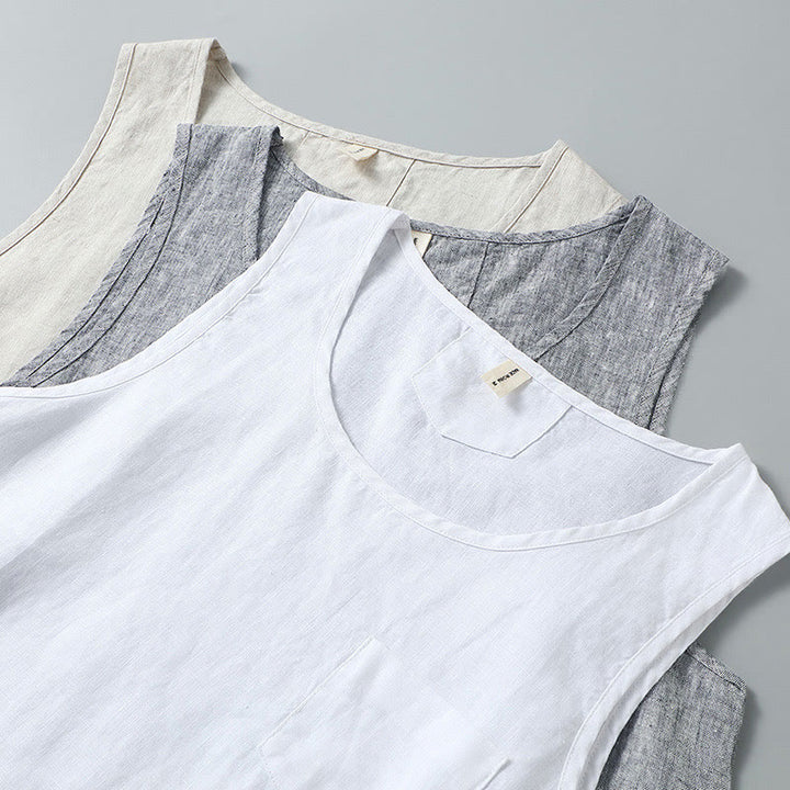 Buddha Stones, letnia, jednokolorowa, męska, lniana kamizelka bez rękawów z rozcięciem z boku - image 12