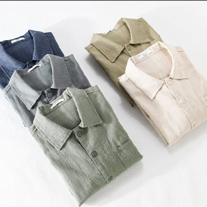 Koszula męska z długim rękawem z bawełny i lnu Buddha Stones Commute Fall w jednolitym kolorze z klapami i kieszenią - image 33