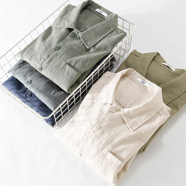 Koszula męska z długim rękawem z bawełny i lnu Buddha Stones Commute Fall w jednolitym kolorze z klapami i kieszenią - image 34