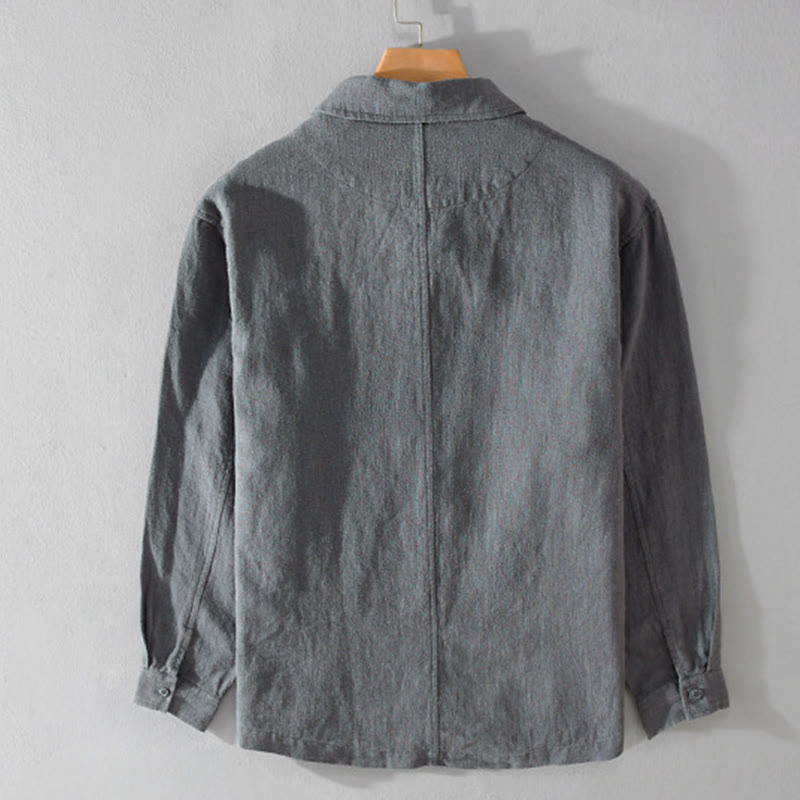 Koszula męska z długim rękawem z bawełny i lnu Buddha Stones Commute Fall w jednolitym kolorze z klapami i kieszenią - image 9