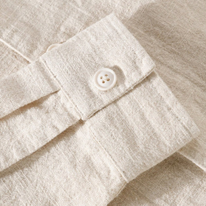 Koszula męska z długim rękawem z bawełny i lnu Buddha Stones Commute Fall w jednolitym kolorze z klapami i kieszenią - image 3