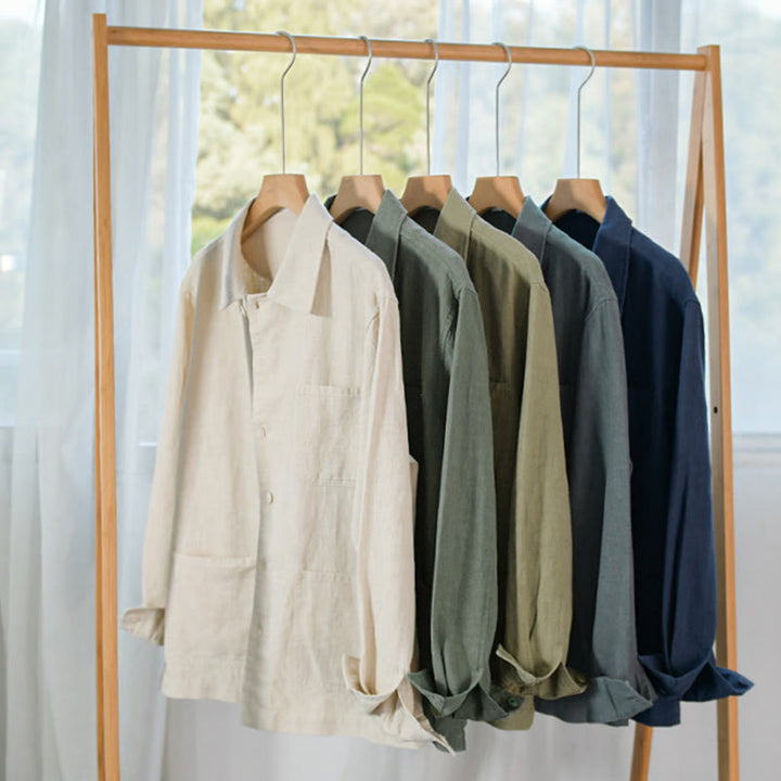 Koszula męska z długim rękawem z bawełny i lnu Buddha Stones Commute Fall w jednolitym kolorze z klapami i kieszenią - image 32