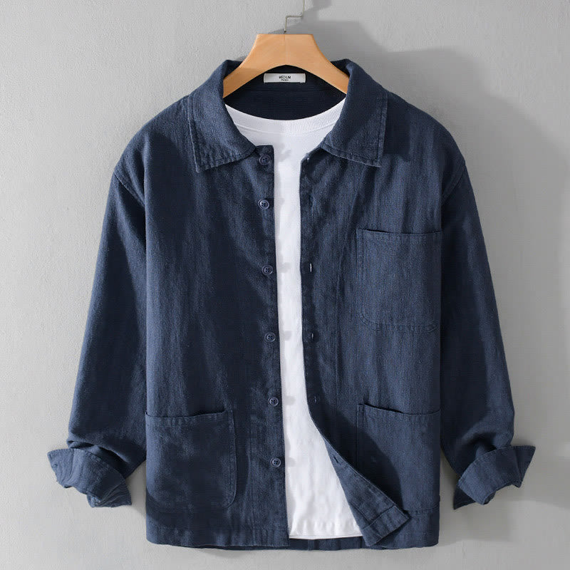 Koszula męska z długim rękawem z bawełny i lnu Buddha Stones Commute Fall w jednolitym kolorze z klapami i kieszenią - MidnightBlue - US/UK/AU42， EU52 (3XL) - image 14