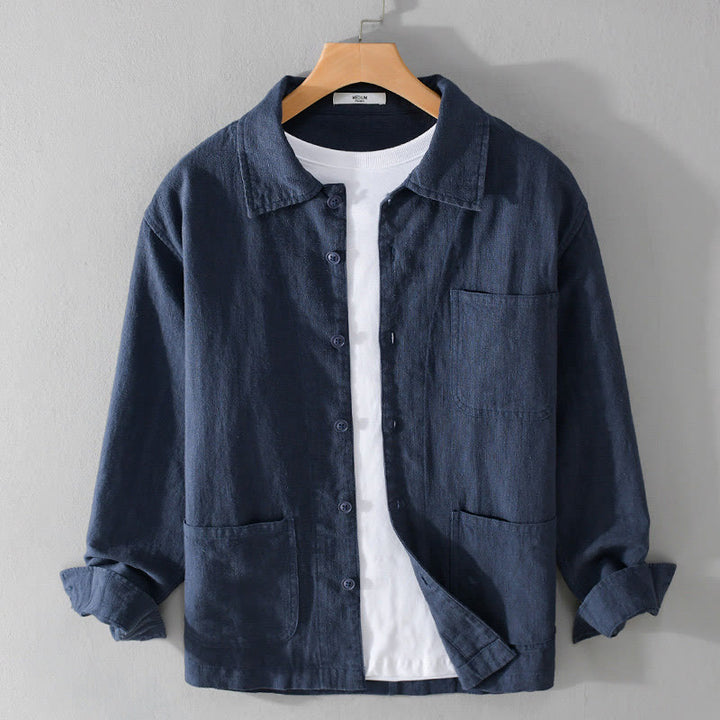 Koszula męska z długim rękawem z bawełny i lnu Buddha Stones Commute Fall w jednolitym kolorze z klapami i kieszenią - MidnightBlue - US/UK/AU42， EU52 (3XL) - image 14